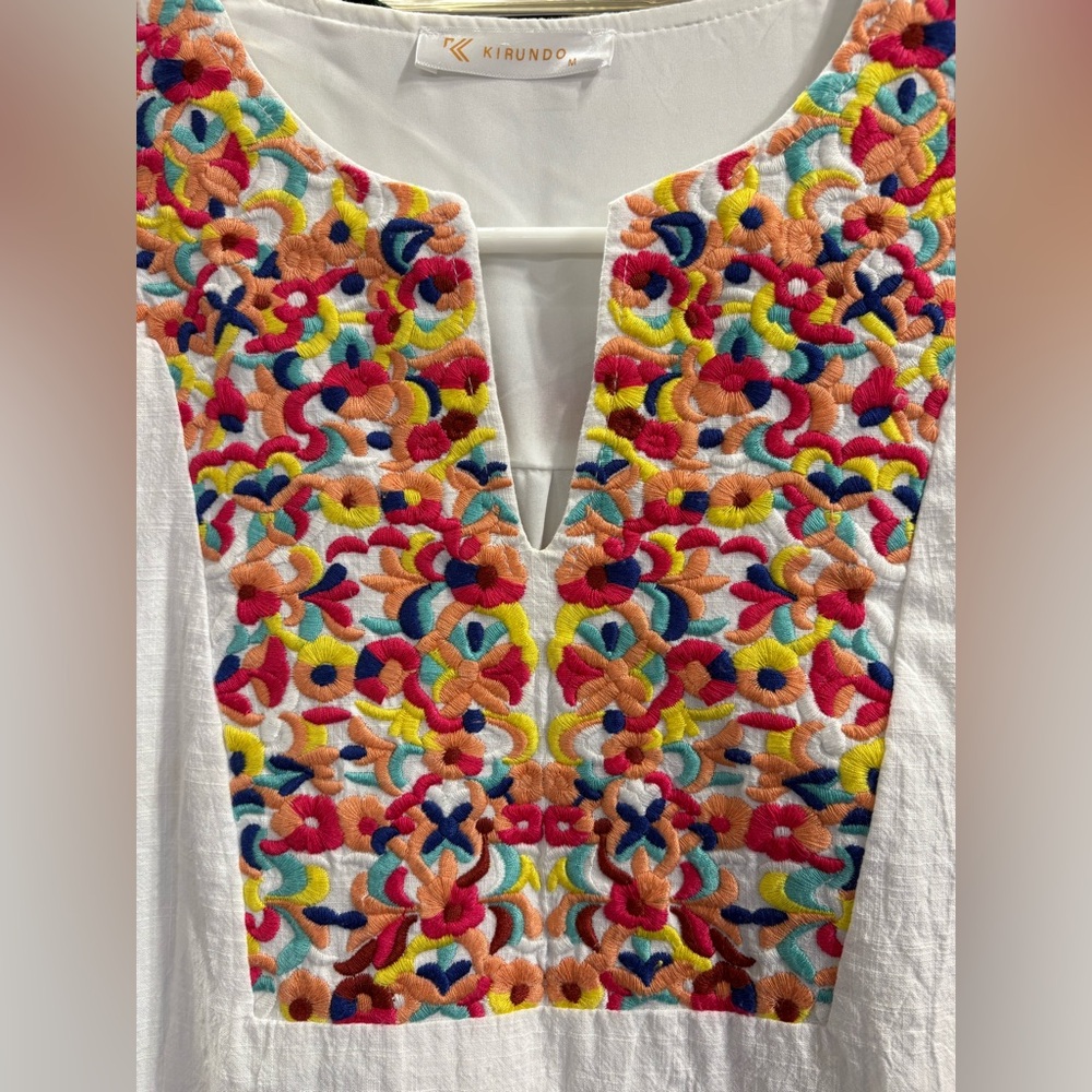 Kirundo White Embroidered Smock Midi Dress Pom Pom sleeves Size Medium - Picture 3 of 11